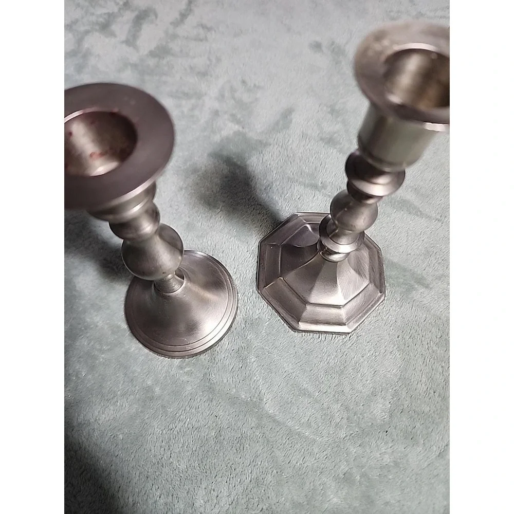 Pewter Weighted candlesticks made in India Felt Bottom Mismatched Set W Candles